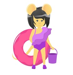 Isolated cartoon rat in a swimsuit and a bucket in her arms and a swimming circle. Year of the rat. Chinese horoscope. Beauty mouse. 