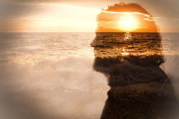 Portrait of bearded male background seaand sunrise. Concept innerbeing subconscious. Stylization...