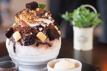 Close up chocolate brownies bingsu ice  dessert korea