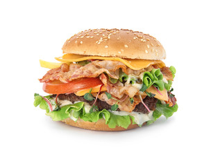 Tasty burger with bacon isolated on white