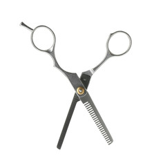 New thinning scissors on white background. Professional hairdresser tool