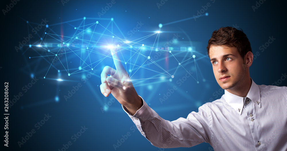 Aufkleber Man touching hologram screen displaying modern web system

