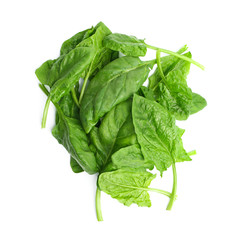 Pile of fresh spinach leaves isolated on white, top view