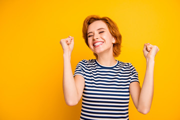 Close up photo beautiful amazing she her lady eyes closed hand arm raise air best win glad white...