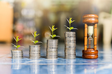 step of coins stacks and tree growing on top with sandglass or hourglass, saving and investment or family planning concept, motion blured background.