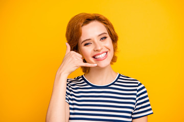 Close up photo beautiful amazing she her lady hand telephone symbol call center staff adviser agent...