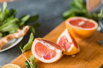 Citrus and lemonade on the table in summer