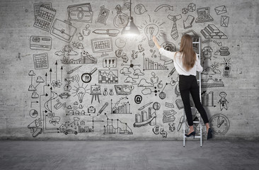 Young woman standing on a ladder and drawing a business plan sketch on a concrete wall. 3d render...
