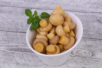 Pickled champignon heap in the bowl