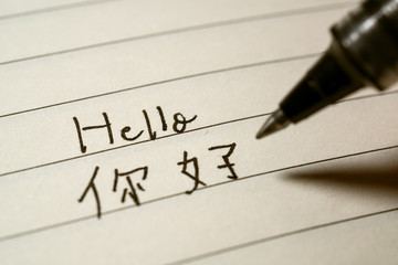 Beginner Chinese language learner writing Hello word Nihao in Chinese characters on a notebook