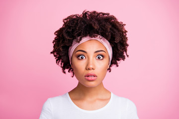 Close up photo beautiful amazing she her dark skin staring worried unbelievable unexpected epic...