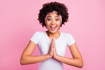 Close up photo beautiful funky amazing she  dark skin lady funny praying symbol ask please buy me...