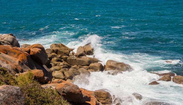 Waves Crashing On Rocks At Granite Island, Victor Harbour, South Australia