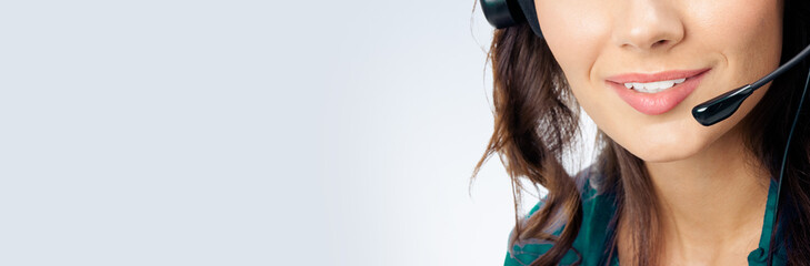 Support phone operator in headset, on grey
