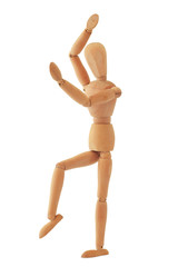 Wooden mannequin of people is standing on one foot