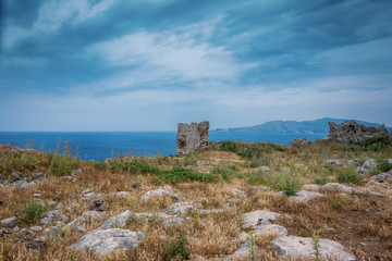 Fototapeta na wymiar Beautiful view on nature from one of ruined castle. Rhodes island, Greece