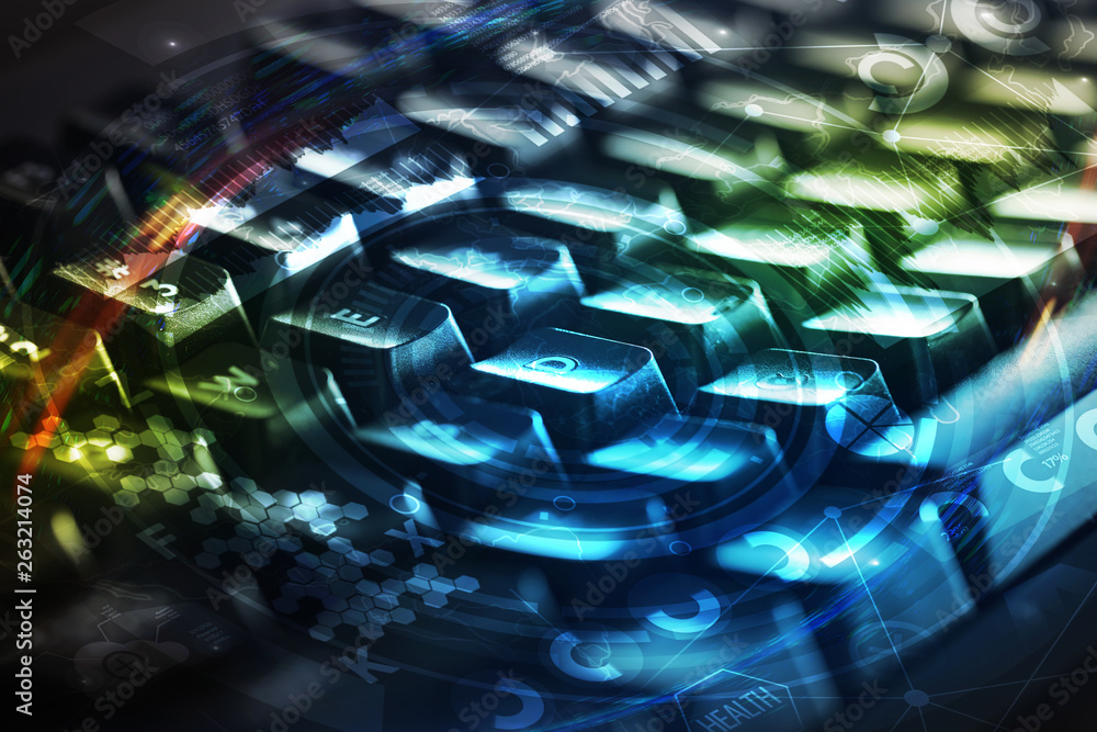 Poster close-up dark keyboard with cyber security concept