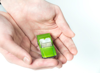 Time-worn car.Car  insurance and collision damage waiver concepts. Businessman with protective...