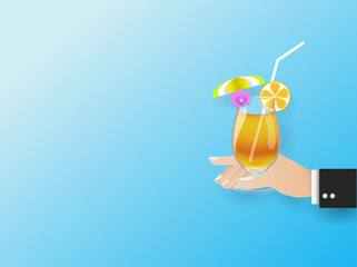 The hand of the businessman holding a glass of orange juice With a yellow umbrella And flowers on the glass,summer