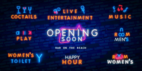 Big set neon Coming soon neon sign. Luminous signboard with signboard. Night bright advertisement. Vector illustration in neon style for announcement, product launch, opening