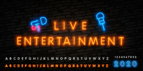 live entertainment neon sign vector, poster, emblem for live music festival, music bars, karaoke, night clubs. Template for flyers, banners, invitations, brochures and covers - obrazy, fototapety, plakaty
