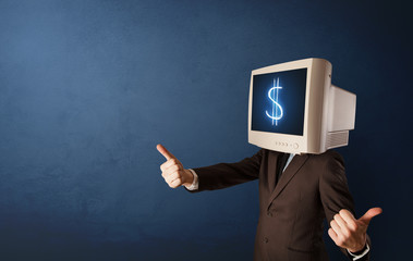 Young person with monitor head, money and cash concept
