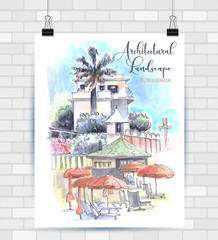 Sketching illustration in vector format. Poster with beautiful landscape and urban elements. Hand drawn illustration.