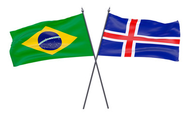 Brazil and Iceland, two crossed flags isolated on white background. 3d image