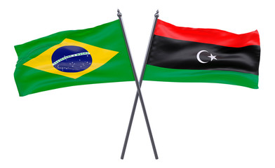 Brazil and Libya, two crossed flags isolated on white background. 3d image