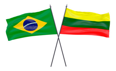 Brazil and Lithuania, two crossed flags isolated on white background. 3d image