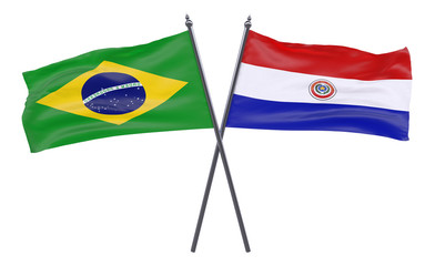 Brazil and Paraguay, two crossed flags isolated on white background. 3d image