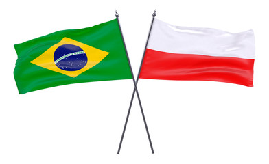 Brazil and Poland, two crossed flags isolated on white background. 3d image