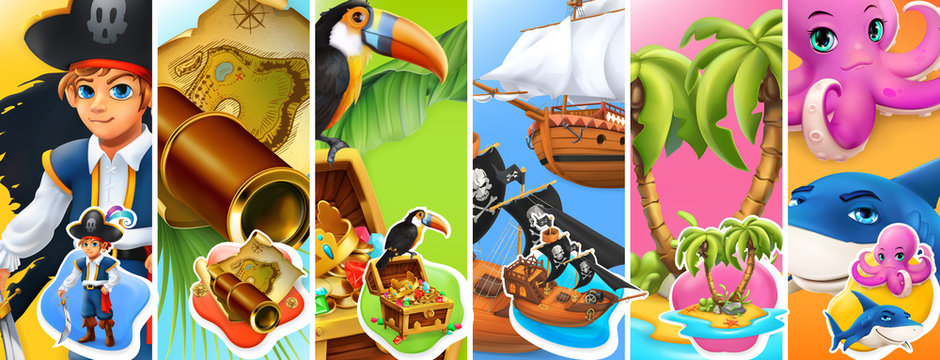 Pirates. Boy, spyglass and map, treasure chest, ships, island and palm trees, octopus and shark cartoon characters. 3d vector icon set