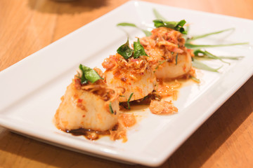Spicy scallop with herb appetizers in Thai style (Larb Scallop).