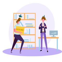 search for a new job, view available positions, proposals from employers, the process of hiring new employees, vector image, flat design, modern colorful illustration with characters.