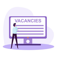 search for a new job, view available positions, proposals from employers, the process of hiring new employees, vector image, flat design, modern colorful illustration with characters.