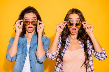 Close up photo charming funny hipsters person astonished impressed incredible information bargain...