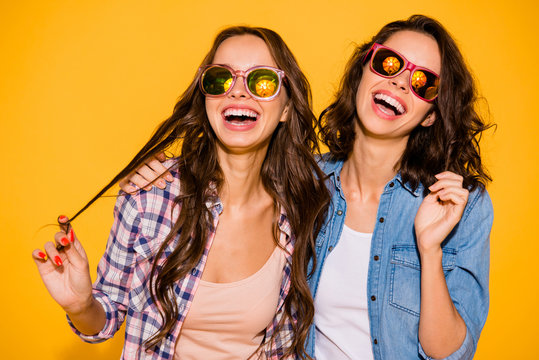Close up photo beautiful funny person carefree careless feel freedom free time weekends laughter summer travel chill candid touch hair dressed checked fashionable clothes isolated yellow background
