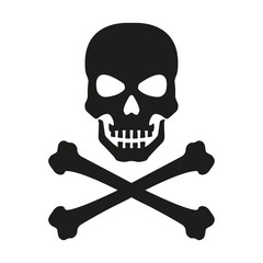 Skull with crossed bones icon. Death, pirate and danger symbol. Skeleton head. Vector illustration.