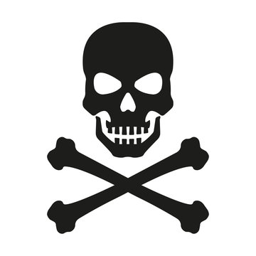 Skull with crossed bones icon. Death, pirate and danger symbol. Skeleton head. Vector illustration.