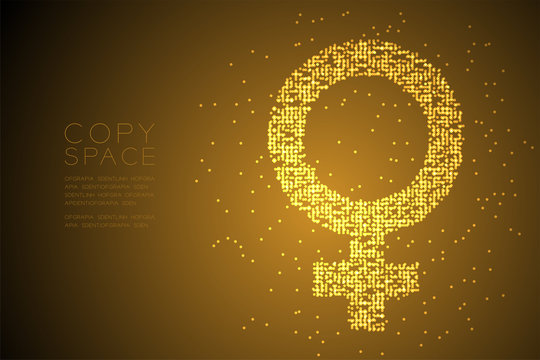 Women sign Particle Geometric Bokeh circle dot pixel pattern, Female gender concept design gold color illustration on brown gradient background with copy space, vector eps 10