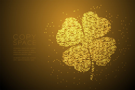 Clover 4 leaf shape Particle Geometric Bokeh circle dot pixel pattern gold color illustration on brown gradient background with copy space; vector eps 10