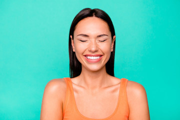 Close up photo portrait of pretty cute nice positive optimistic glad she her lady having fun in...