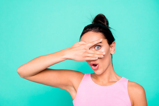 Close up photo beautiful amazing she her lady trendy hairstyle hand arm hiding eyes oh no facial expression scary movie open mouth wear casual pink tank-top clothes isolated teal turquoise background