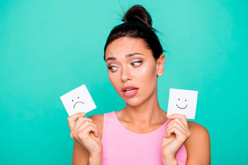 Close up photo beautiful amazing she her lady funny hairstyle hold hands arms paper mood drawings...