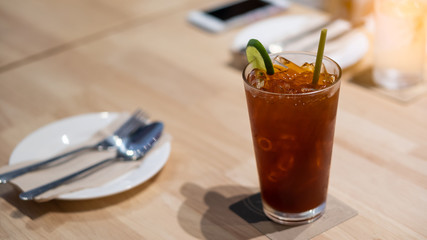 Lemon tea is placed on the table.