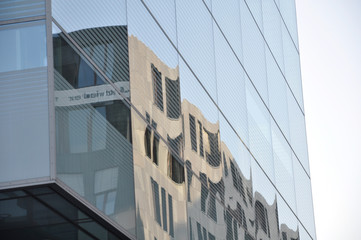 Naklejka premium wir nehmen unsere Welt spiegelverkehrt war, so wie die alte Börse in Stuttgart sich im Cube spiegelt, Glasfassade, Spiegelung