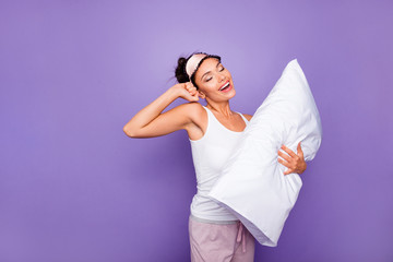 Close up side profile photo beautiful she her lady hold hug arms hands pillow satisfied refreshed...