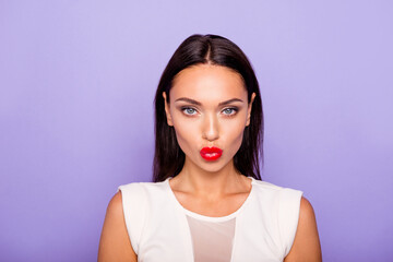 Close up photo beautiful amazing she her lady send air kiss perfection ideal appearance visage maquillage plump allure red lipstick pomade wear formal wear dress isolated violet purple background