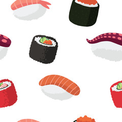seamless pattern of vector illustrations of Japanese sushi food and rolls with salmon, eel, vegetables in flat style